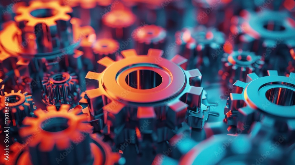 Fototapeta premium A close-up view of metallic gears with vibrant lighting, showcasing mechanical design.