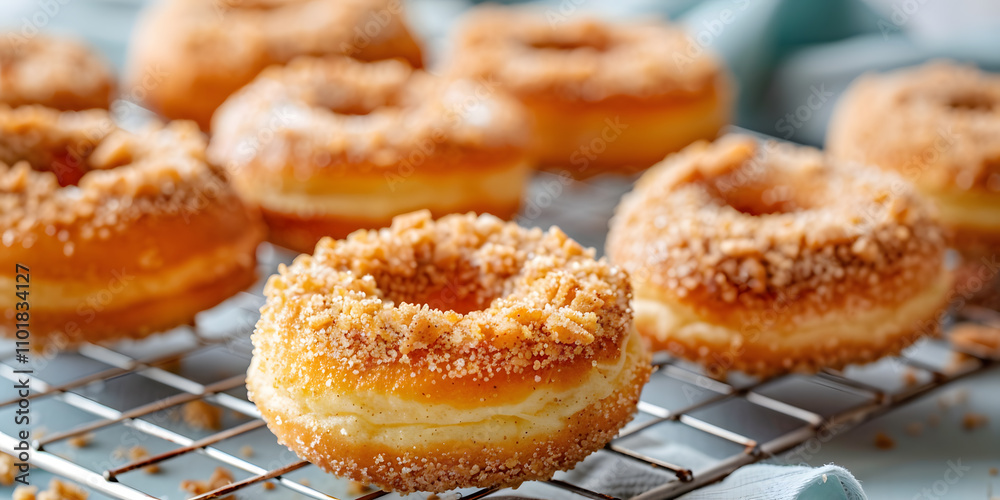 Fresh crumb donuts with golden, sweet topping stacked on cooling rack in natural light Fresh crumb donuts with golden, sweet topping stacked on cooling rack in natural light