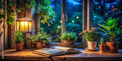 Night Photography: A Serene Scene of a Blank Book Surrounded by Lush Potted Plants by a Window, Evoking Tranquility and Inspiring Stories in a Peaceful Atmosphere photo