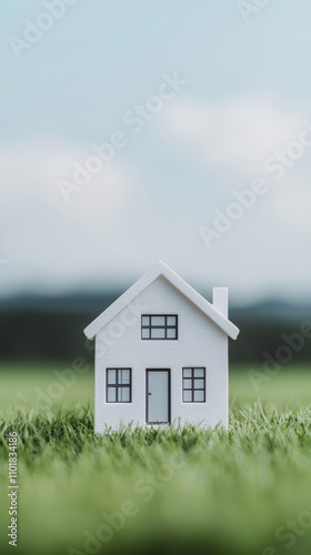 Wallpaper Mural small white model house sits on lush green grass field under clear blue sky, symbolizing eco friendly living and sustainability Torontodigital.ca