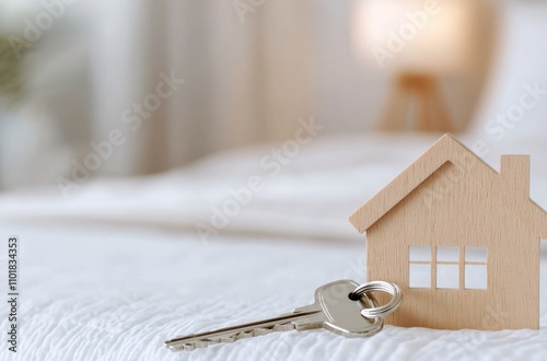 Key and wooden house model on a cozy bed indicating homeownership journey