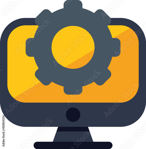 This vector illustration features a computer monitor displaying a gear icon, symbolizing settings, setup, and configuration options