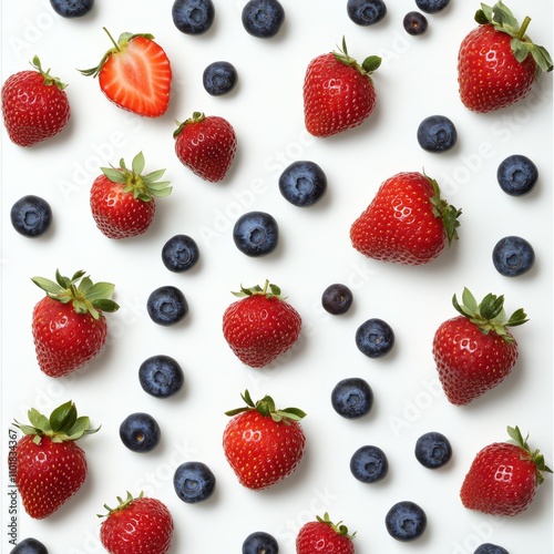 Fresh berries and a flower displayed on a white surface in an artistic arrang...