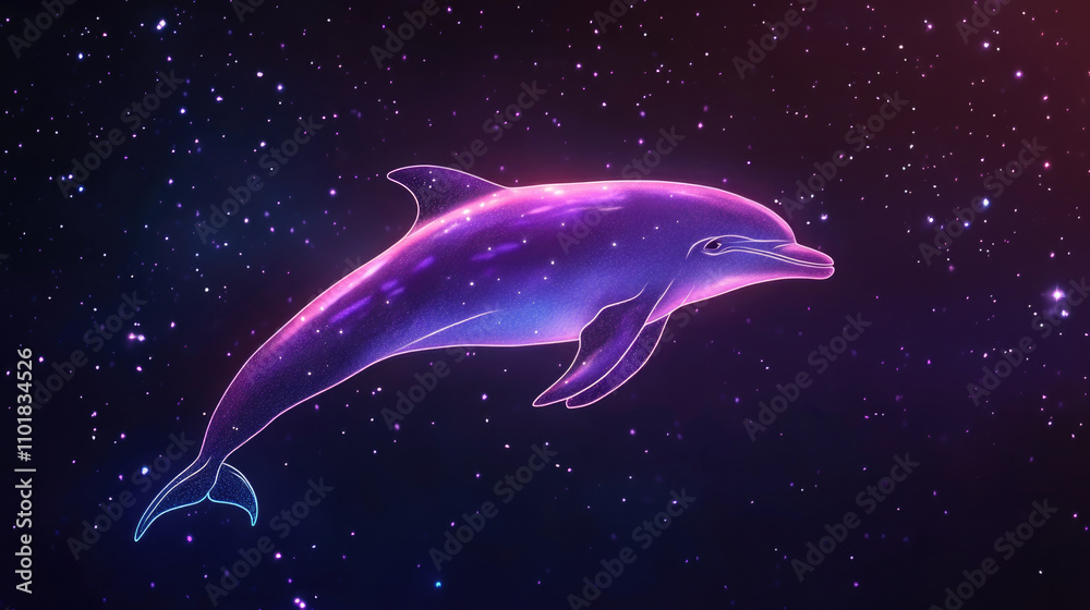 Naklejka premium A whimsical dolphin swims among a starry sky, its body adorned with celestial patterns, symbolizing freedom and the exploration of cosmic realms in an enchanting illustration.