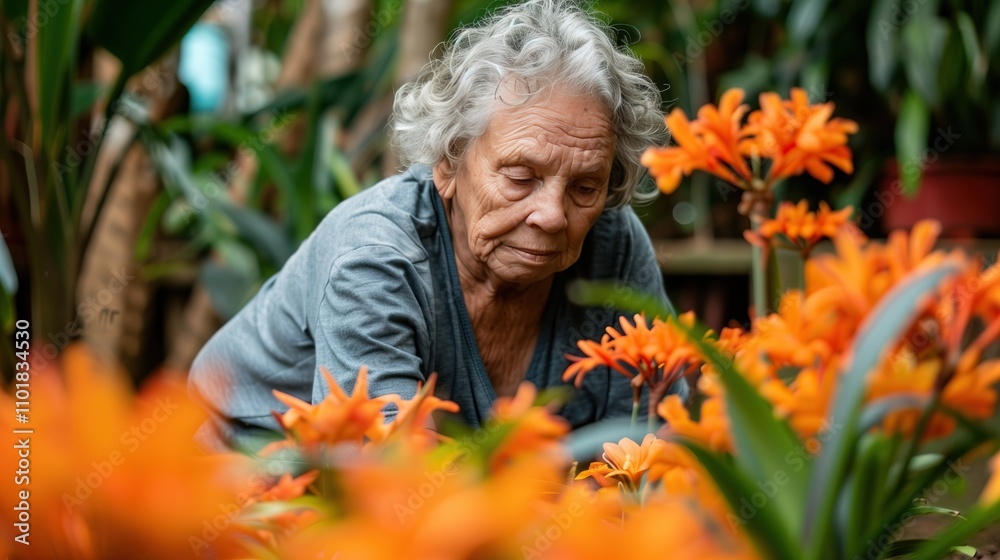 Elderly senior woman farmer tending to vibrant orange flowers in lush greenhouse
