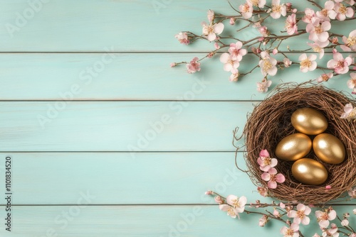 Golden eggs in a nest surrounded by cherry blossom branches on a light blue b...