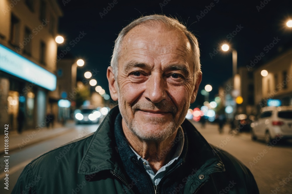Close portrait of a smiling senior Kosovar man looking at the camera, Kosovar city outdoors at night blurred background Close portrait of a smiling senior Kosovar man looking at the camera, Kosovar city outdoors at night blurred background