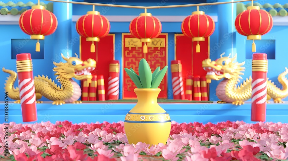 A 3D rendering of a Chinese New Year decoration with dragons A 3D rendering of a Chinese New Year decoration with dragons