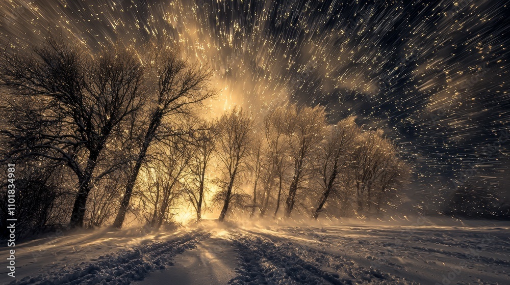 Obraz premium Nighttime nature photography slow motion dramatic snowfall in an awe-inspiring winter scene