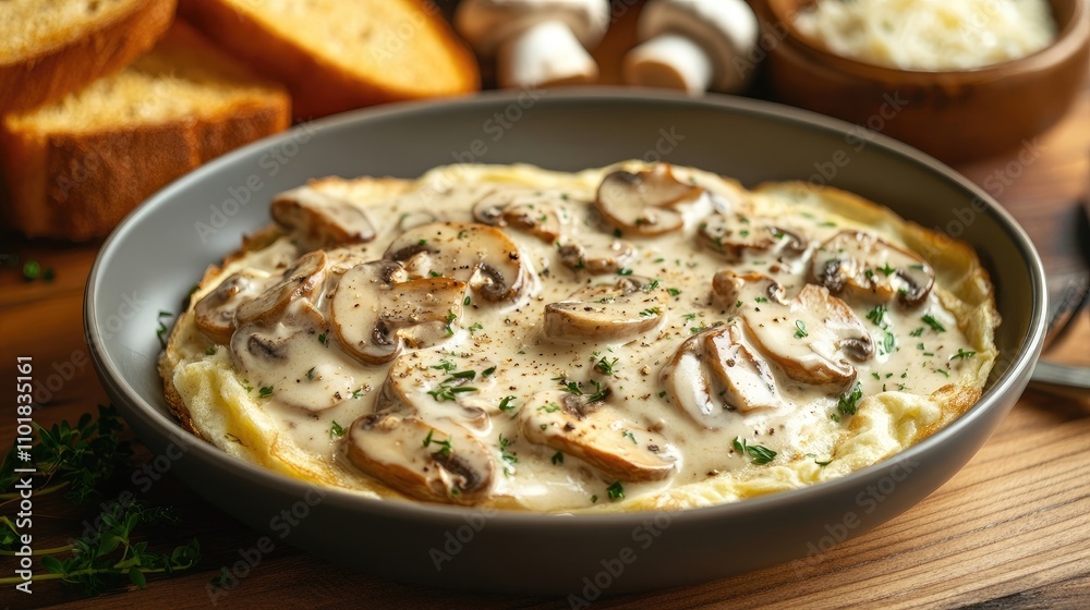Mushroom omelette served with bread, with mushrooms in the background. This breakfast food highlights a delicious, savory combination perfect for morning meals, with ample copy space. Mushroom omelette served with bread, with mushrooms in the background. This breakfast food highlights a delicious, savory combination perfect for morning meals, with ample copy space.