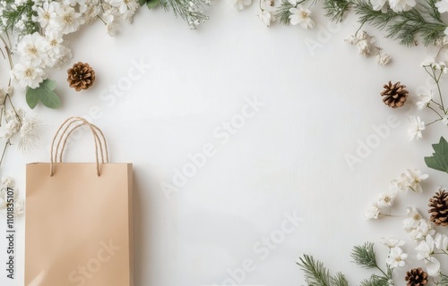 Natural design composition with brown paper bag surrounded by flowers and pin...