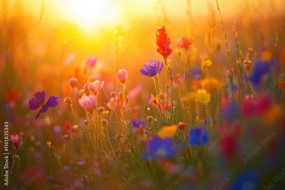 Obraz premium A serene scene of a field of wildflowers at sunset, perfect for capturing moments of peace and tranquility