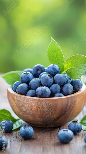 Freshly picked blueberries in a wooden bowl surrounded by green leaves