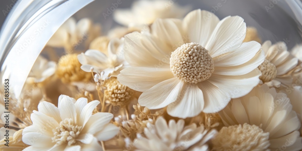 Flowers that have been preserved are housed within a crystal dome, featuring elegant white accents for added beauty and charm. Flowers that have been preserved are housed within a crystal dome, featuring elegant white accents for added beauty and charm.