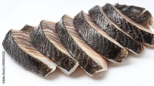 Close-up shot of sliced fish on a white surface, perfect for food or culinary related use photo