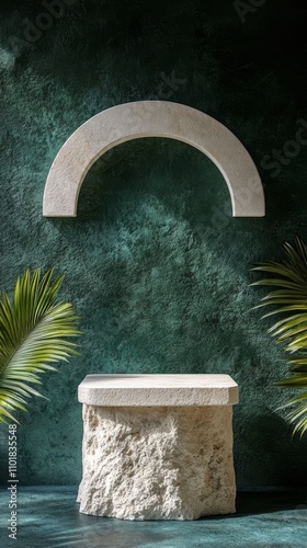Minimalist display featuring stone pedestal and arch on green textured wall w...