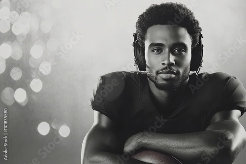 Intense football player wearing helmet and eye black during snowstorm at night