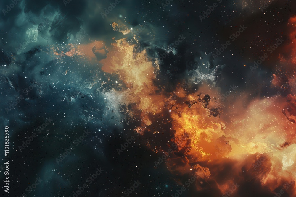 Naklejka premium Glowing orange and blue gases and dust form an abstract painting in space.