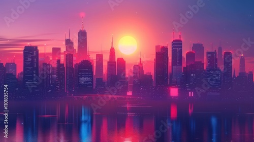 A vibrant city skyline at sunset with reflections on water.