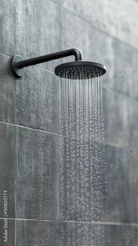 Modern shower head with sleek design and flowing water in contemporary bathro...