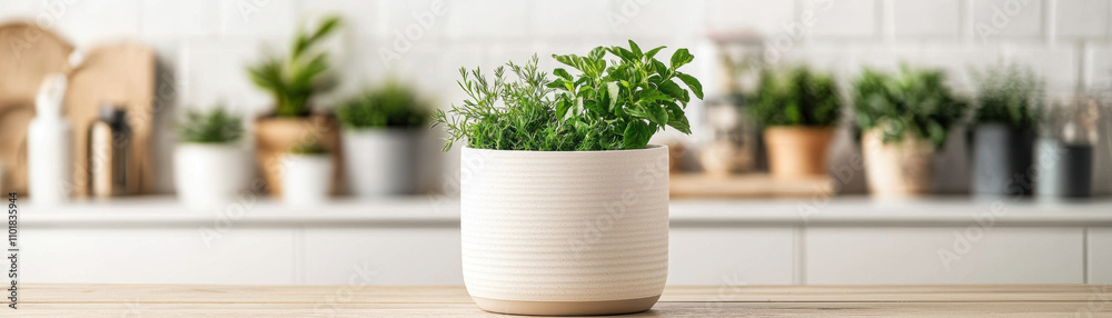 Food Waste Management Circular Economy Concept. Potted herbs on a kitchen counter with various plants in the background. Food Waste Management Circular Economy Concept. Potted herbs on a kitchen counter with various plants in the background.