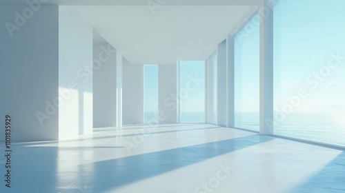 White Large Bright Clear Room with Floor-to-Ceiling Windows Interior