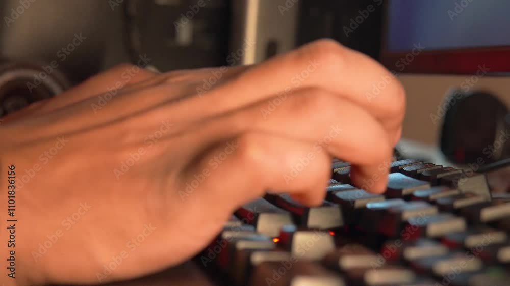 Closeup of a Man Typing on a Keyboard, Hands on the Keyboard, Workspace Closeup of a Man Typing on a Keyboard, Hands on the Keyboard, Workspace