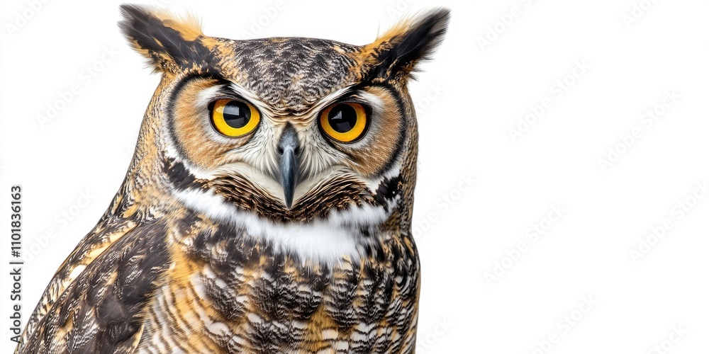 A close up image of a male great horned owl sitting against a white backdrop. This male great horned owl showcases its distinct features prominently. A close up image of a male great horned owl sitting against a white backdrop. This male great horned owl showcases its distinct features prominently.