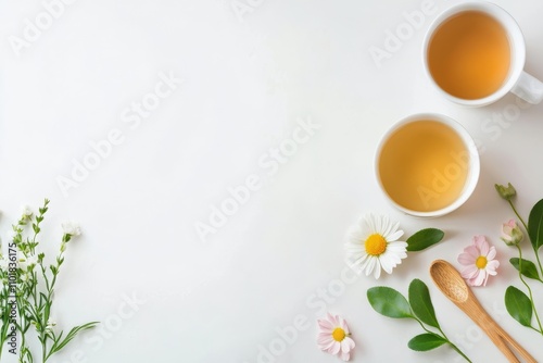 Refreshing tea with chamomile flowers and green leaves on a clean surface