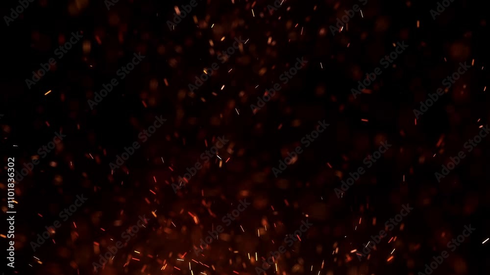 Flying around fire dust particles sparks or ember from a burning fire with realistic movement. on a black background