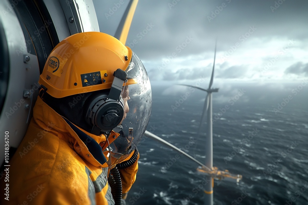 Skilled offshore engineers performing routine checks and repairs on a large scale offshore wind farm Skilled offshore engineers performing routine checks and repairs on a large scale offshore wind farm