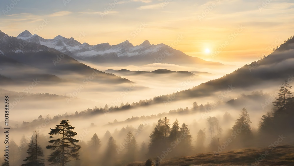 Mountain Sunrise with Mist and Forest Mountain Sunrise with Mist and Forest