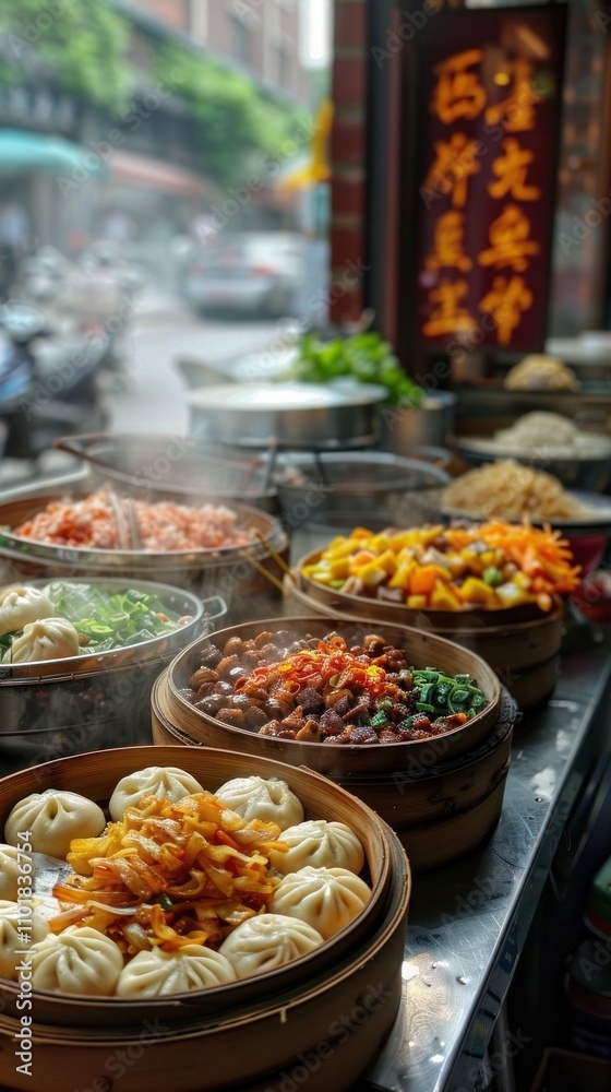A vibrant and mouthwatering display of a variety of authentic Chinese street food dishes including savory dumplings spicy noodles and colorful vegetable plates A vibrant and mouthwatering display of a variety of authentic Chinese street food dishes including savory dumplings spicy noodles and colorful vegetable plates