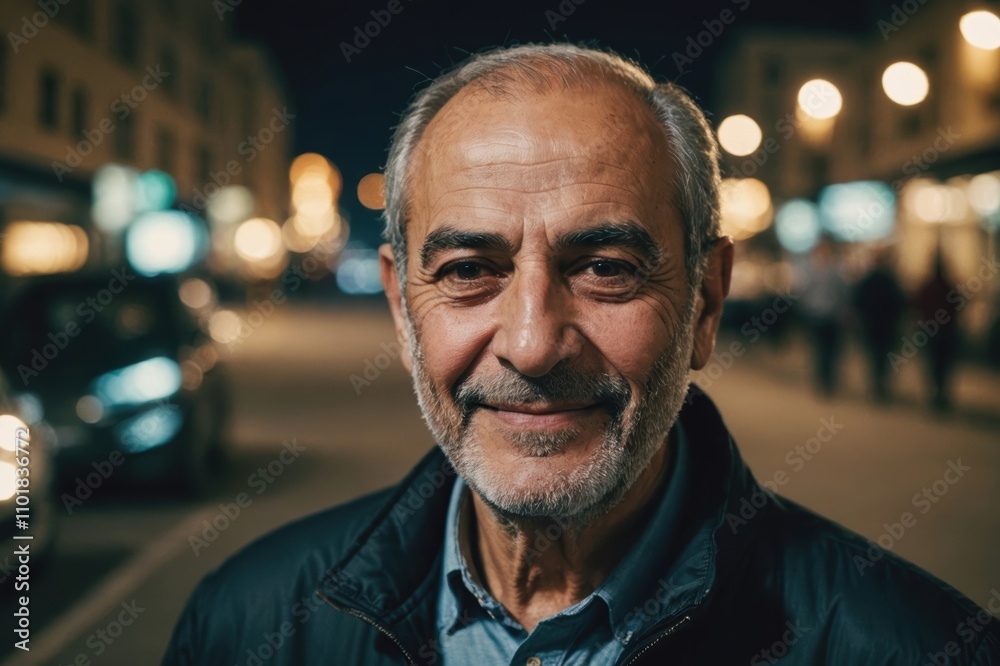 Fototapeta premium Close portrait of a smiling senior Lebanese man looking at the camera, Lebanese city outdoors at night blurred background