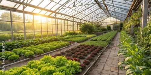 Lush Greenhouse Interior with Rows of Fresh Vegetables and Vibrant Foliage - Sustainable Gardening, Organic Farming, Indoor Agriculture, Eco-Friendly Practices, Nature's Bounty, and Healthy Living