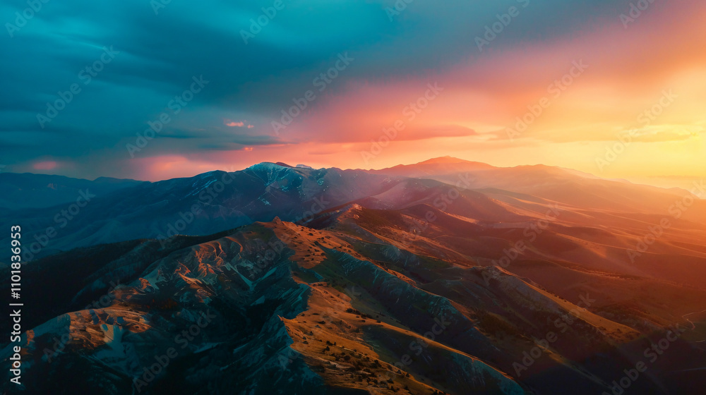 Obraz premium Aerial view of mountains during sunset.