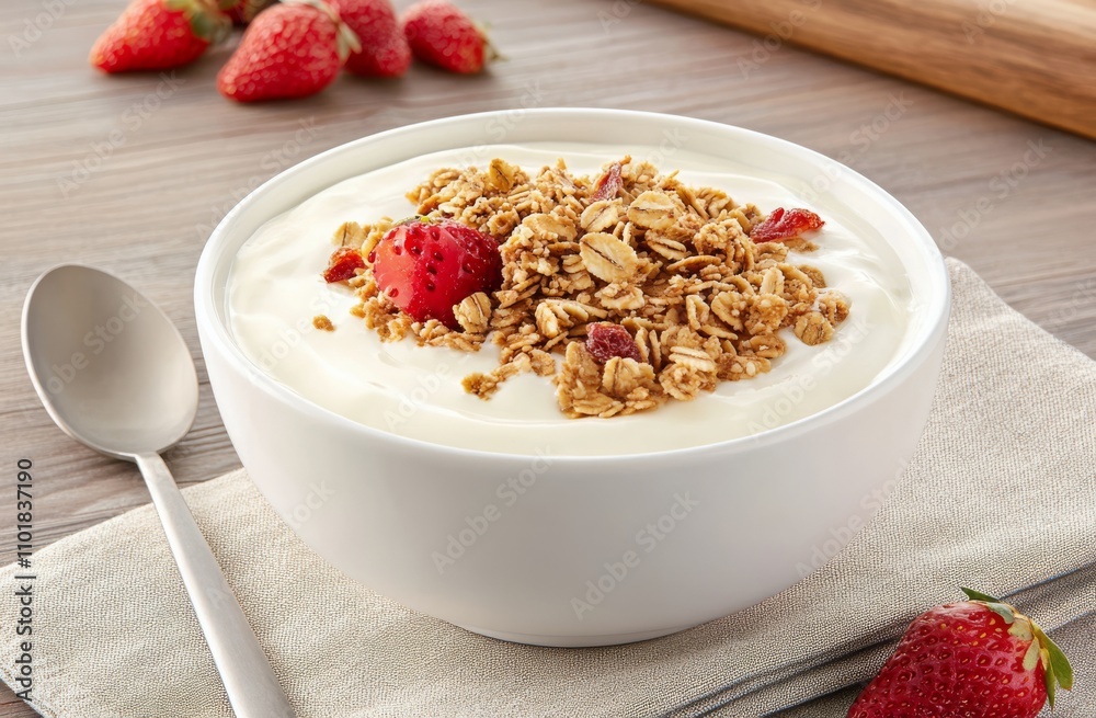 Delicious yogurt bowl with granola and fresh strawberries in a cozy setting Delicious yogurt bowl with granola and fresh strawberries in a cozy setting