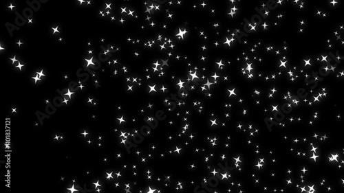 4 pointed star shaped snof flakes falling slowl, light rain snowfall overlay, black background - winter, slowly falling snow effect.