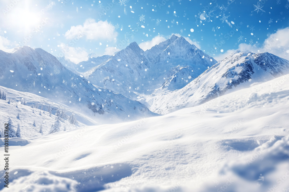 Sunlit snowy mountain range with a blue sky, snowflakes falling softly, giving a magical and peaceful atmosphere. Sunlit snowy mountain range with a blue sky, snowflakes falling softly, giving a magical and peaceful atmosphere.