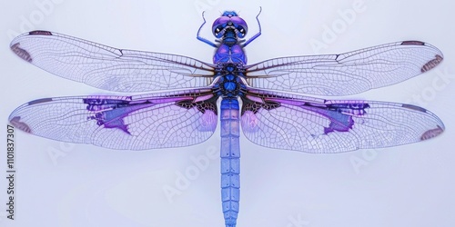 A close-up image of a blue dragonfly with striking purple wings on a clean white background, perfect for use in designs related to nature and wildlife