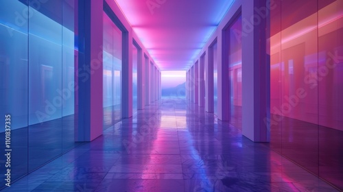 A vibrant corridor illuminated with colorful lights, reflecting a modern architectural design.