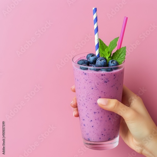 Refreshing berry smoothie served in a glass with mint and colorful straws