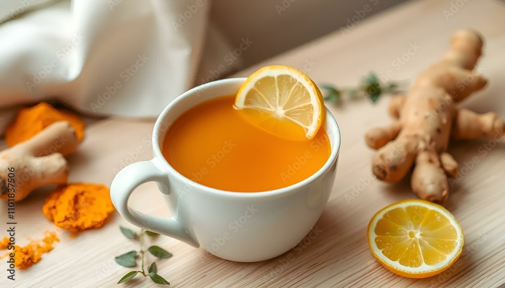 Healthy ginger turmeric tea with lemon slice in white cup on wooden table