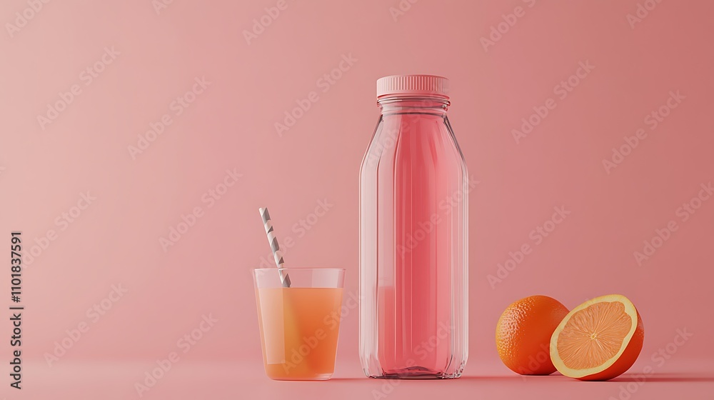 Pink-hued beverage bottle, glass, and oranges on a pink background. Pink-hued beverage bottle, glass, and oranges on a pink background.