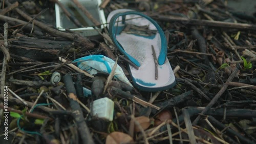 Wallpaper Mural A polluted shoreline scattered with plastic waste, wood debris, and a discarded flip-flop, highlighting environmental damage Torontodigital.ca