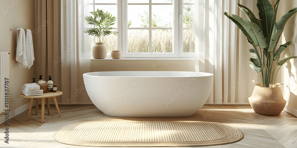 Fototapeta premium Serene Bathroom Interior, Oval Freestanding Tub, Natural Decor, and Sunlight Streaming Through Window