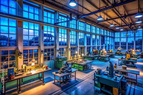 Night Photography of a Workshop Filled with Machines and Tables, Showcasing Panoramic Views and Generative AI Statistical Process Control in an Industrial Setting