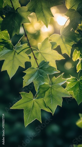 Green leaves shimmering in sunlight with a soft bokeh background during summer