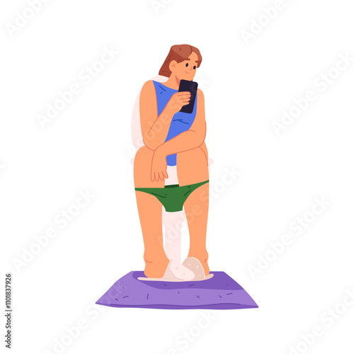 Female personage sitting on toilet in morning, reading newsfeed in smartphone. Vector flat cartoon character, getting ready before work. Daily routine and rituals, everyday life of young girl