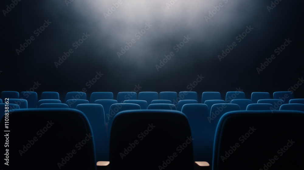 Empty cinema seats illuminated by soft light, creating serene atmosphere. rows of blue chairs invite viewers to imagine stories waiting to unfold. Empty cinema seats illuminated by soft light, creating serene atmosphere. rows of blue chairs invite viewers to imagine stories waiting to unfold.